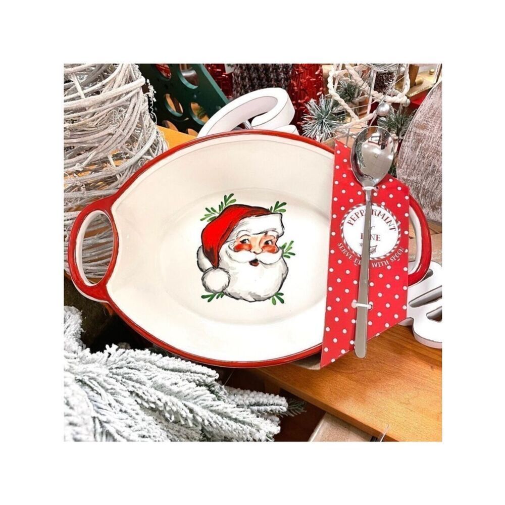 NWT Peppermint & Pine Ceramic White Red Christmas Santa Serve Dish Platter Spoon